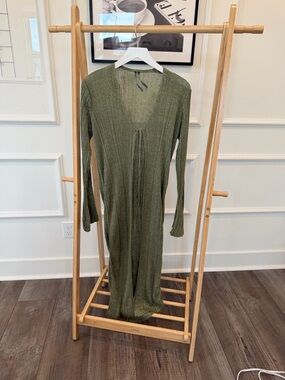 Long Olive Green Sparkle Knit Duster